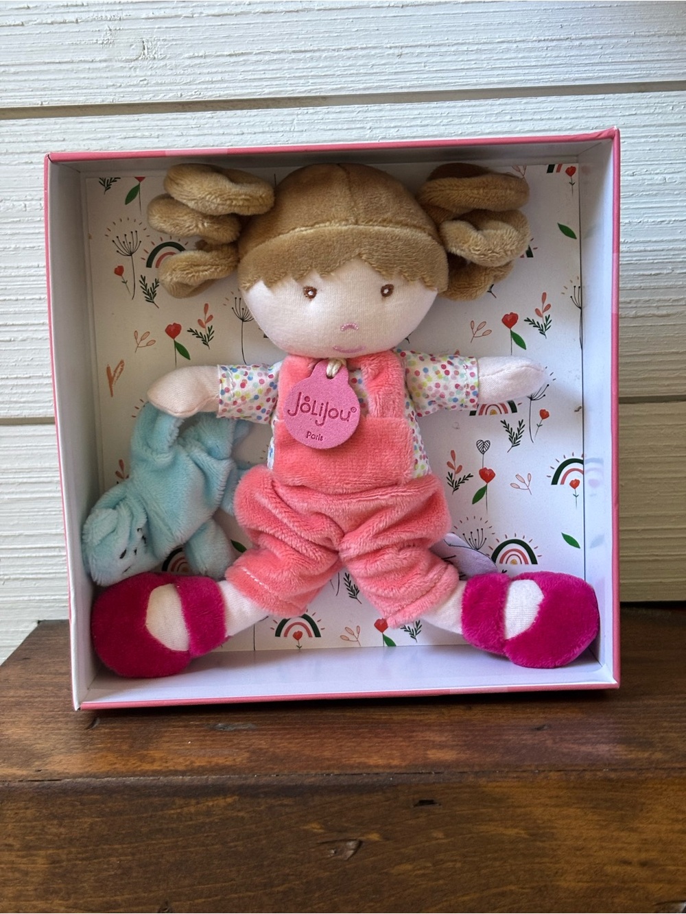 Jolijou Paris Soft My First Doll Pink Overall Brown Eyes & Pigtail Blue Bear NEW